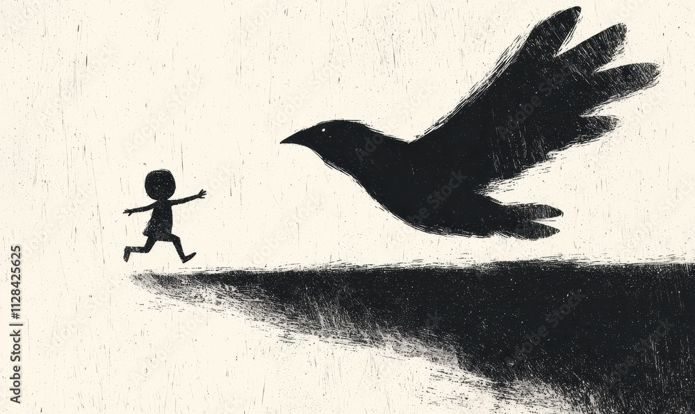 Poster exploring the shadows of imagination: silhouette of child and bird in flight depicting freedom and m