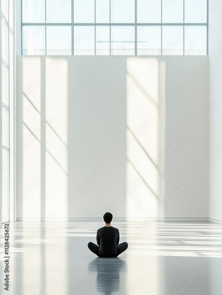 Poster a person is seated on the floor of a vast gallery, surrounded by blank walls and illuminated by natu