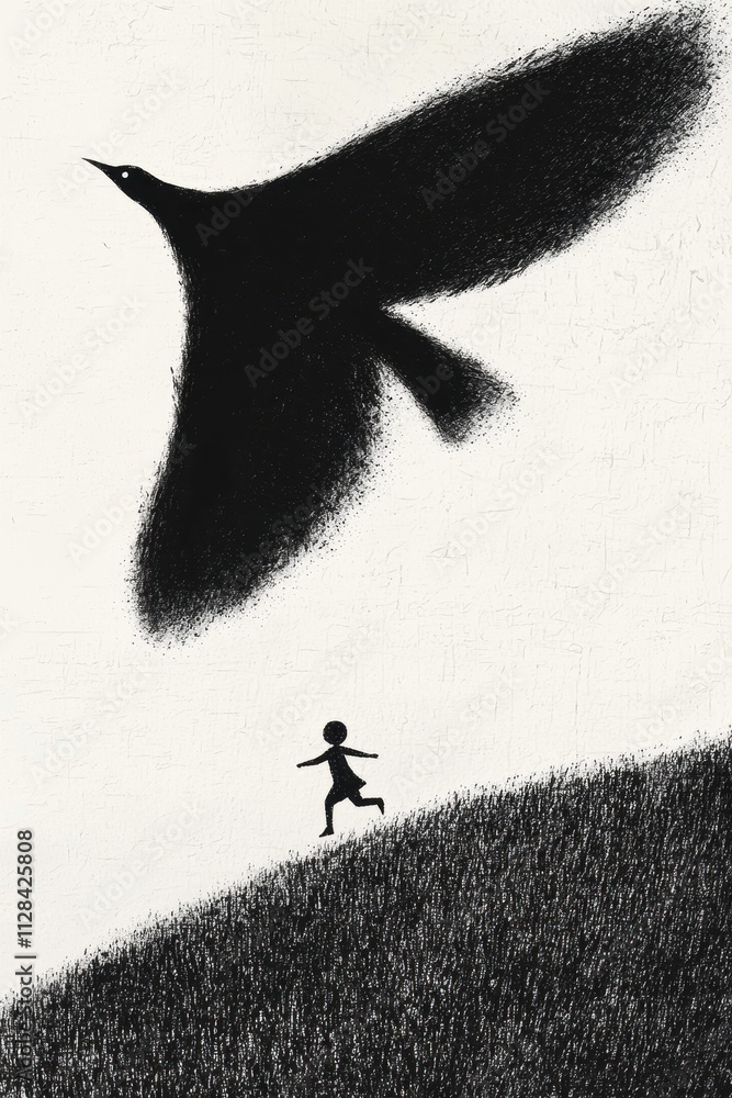 Poster capturing the freedom of imagination through visions of flight and shadow in a surreal landscape of 