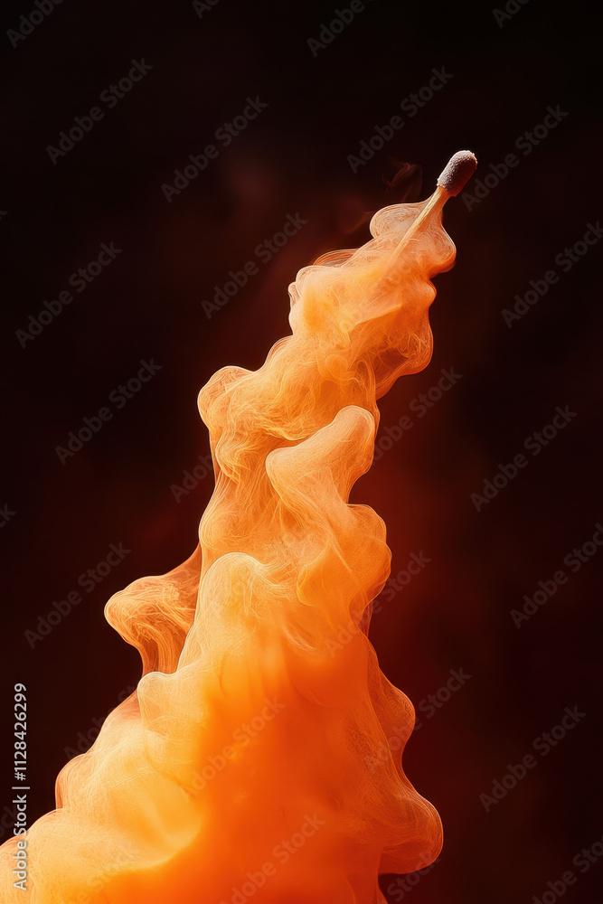 Poster dynamic capture of a matchstick igniting with fiery orange flames and smoky swirls in dark backgroun