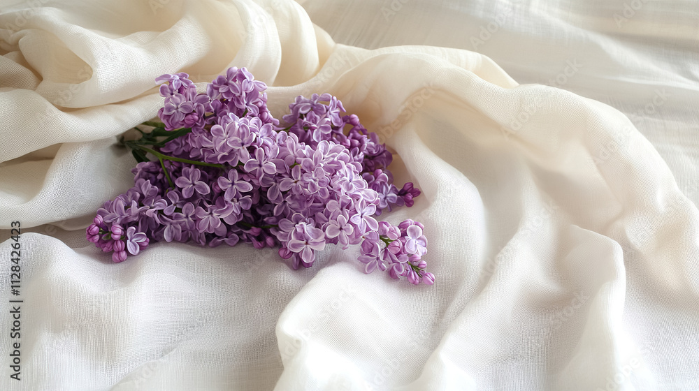 Aufkleber lilac flowers resting on soft white fabric with gentle folds creating a serene and elegant atmospher