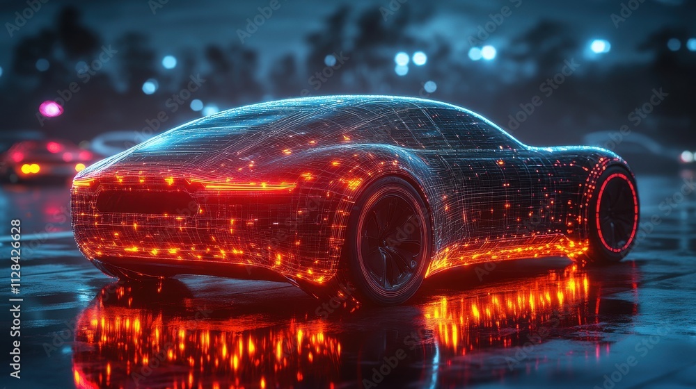 Poster concept of futuristic automobile technology with illustration and wireframe intersectio