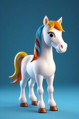 there is a white horse with a colorful mane standing on a blue surface
