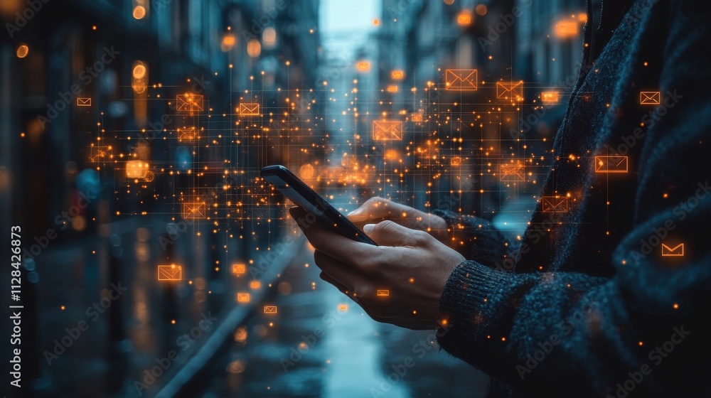 Poster concept of online communication hand of a businessman using a smartphone to check email and receive 
