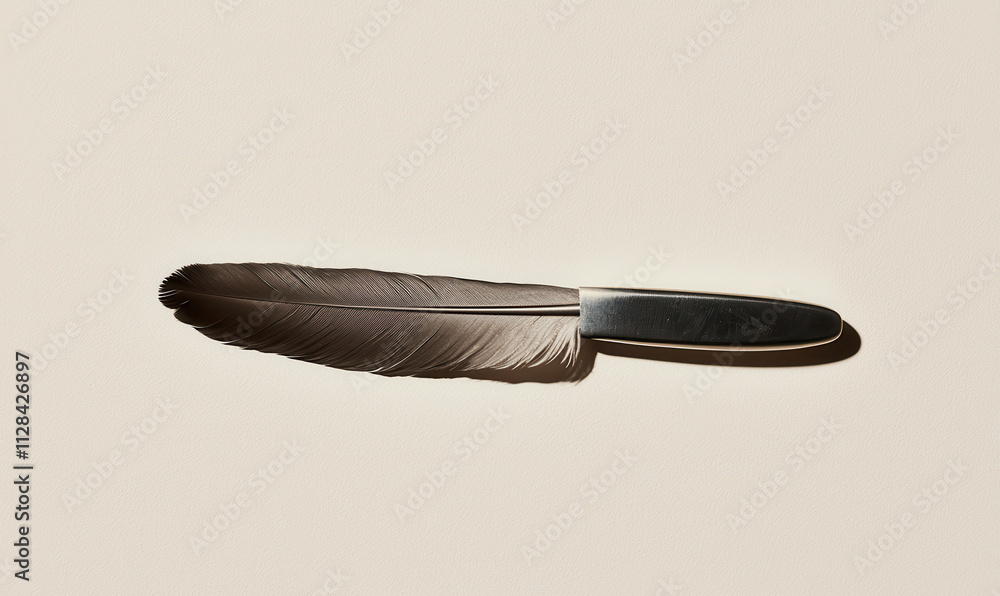 Poster intriguing minimalist conceptual art: feather and knife fusion blending softness with sharp precisio