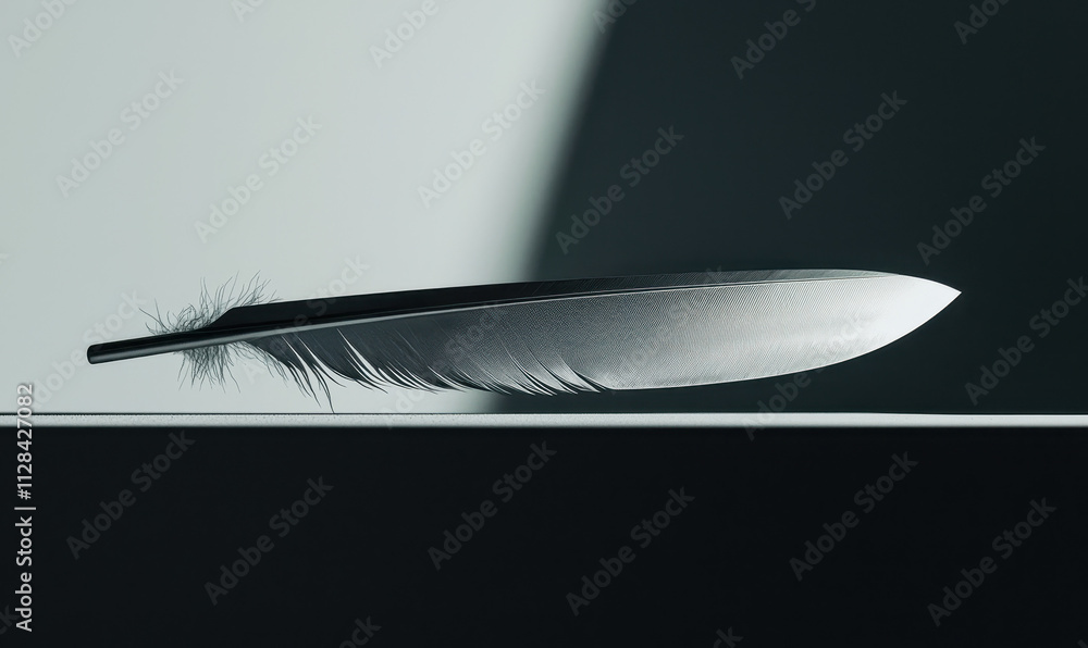 Poster exquisite balance: the art of nature captured in a floating feather against a subtle shadowed surfac