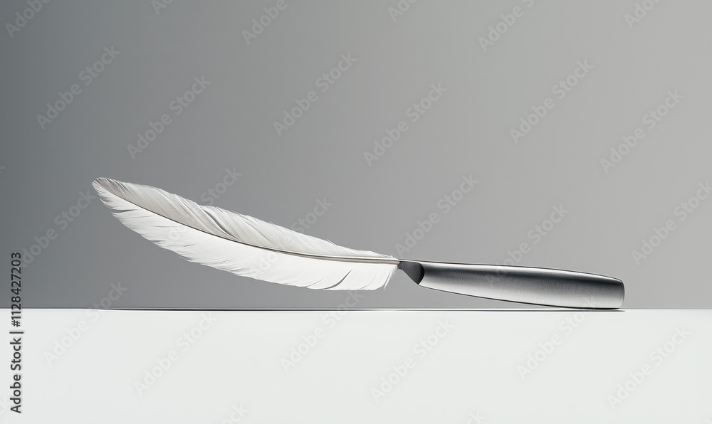 Poster minimalist feather and knife imagery: exploring the fine balance between lightness and sharpness in 