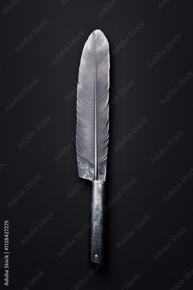 Poster fusion of feather and blade: a unique artistic representation in minimalist design emphasizing symbo