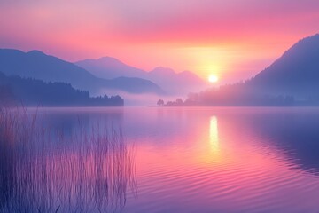 Obraz premium Serene sunrise over a tranquil lake and mountains