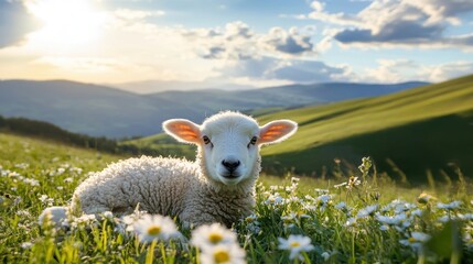Sheep resting in a sunny meadow with flowers