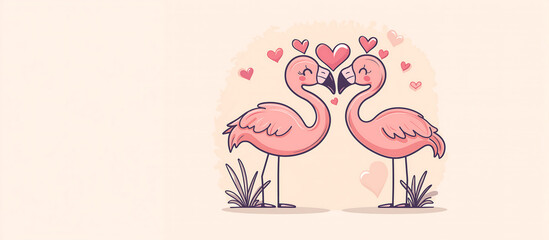 Pink flamingos express love while surrounded by hearts in a charming setting