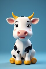 a close up of a toy cow sitting on a blue surface