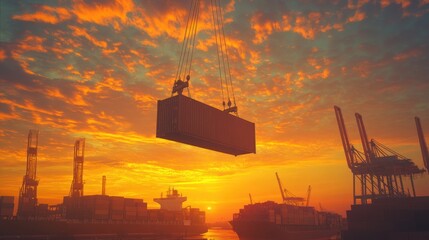 Container being lifted at sunset in a busy port