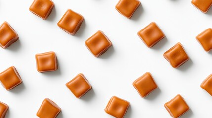 Flat Lay of Delicious Brown Caramel Candies on a White Surface Ideal for Sweet Treat Promotions, Desserts, and Confectionery Displays in Stock Photography
