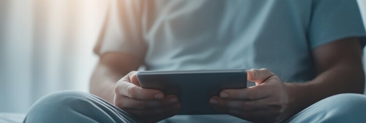 A man sits comfortably in a soft-lit space, deeply engaged with his tablet, exemplifying modern technology's impact on personal leisure and connectivity in daily life.
