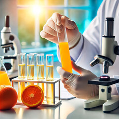 Scientist in gloves performs tests on orange juice in a lab, focusing on quality control and food safety in a controlled environment