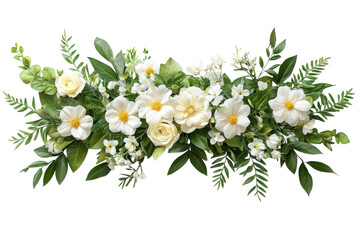 Elegant floral arrangement featuring white blooms and green foliage for decoration or event styling