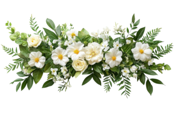 Elegant floral arrangement featuring white blooms and green foliage for decoration or event styling