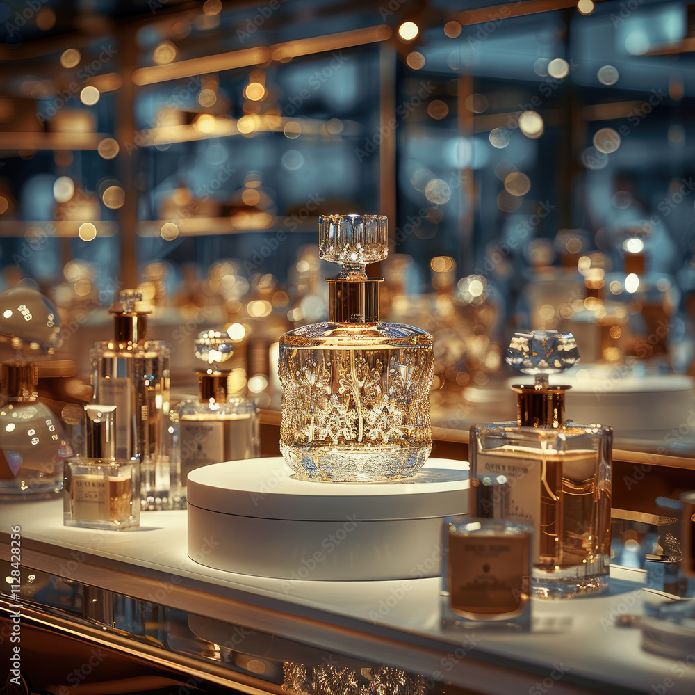 Poster a high-end store display, perfume, focusing on a single luxurious product at the center of a pedesta