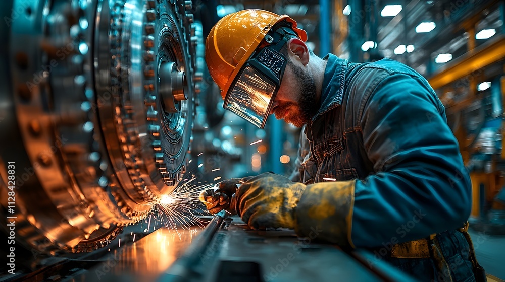 Poster skilled engineer meticulously welding various parts and components of a wind turbine in a high tech 