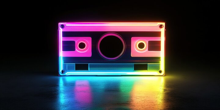 abstract marketing background showcasing a 3D music festival theme with glowing neon boxes radiating vibrant colors, evoking nostalgia for the 90s. This design features retro cassette tapes and serves