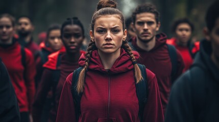 Group of determined individuals in red hoodies walking