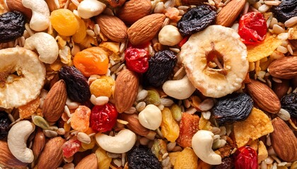 Fototapeta premium A vibrant mixture of dried fruits, nuts, and seeds showcasing health and nutrition. Perfect for illustrating wholesome snacks. Texture, background. Features almonds, cashews, and dried apricots