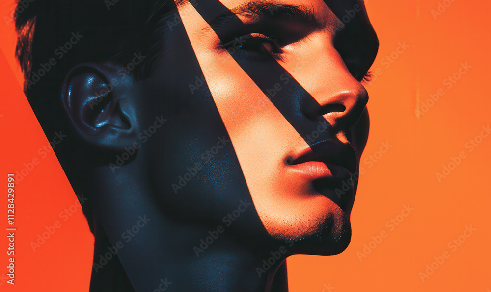 Poster dynamic abstract portrait with bold contrast and vivid orange tones exploring modern expression and 