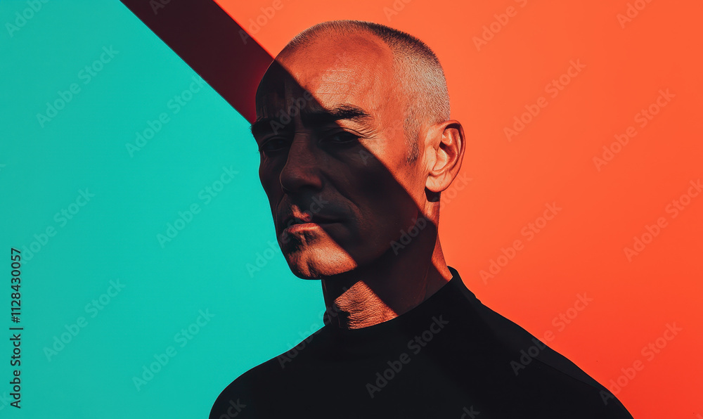 Poster vibrant portrait of a man in shadow with bold abstract color contrasts and artistic expression