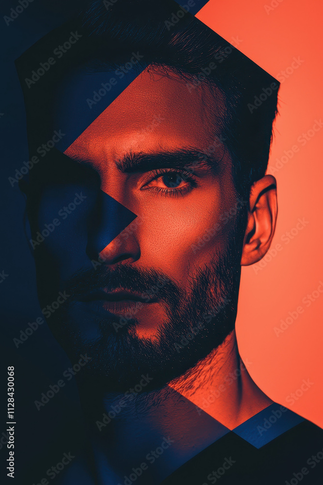 Aufkleber Dynamic and Artistic Portrait with Bold Red and Blue Lighting Showcasing Intense Expression and Edgy Angular Design for Modern Visual Impact