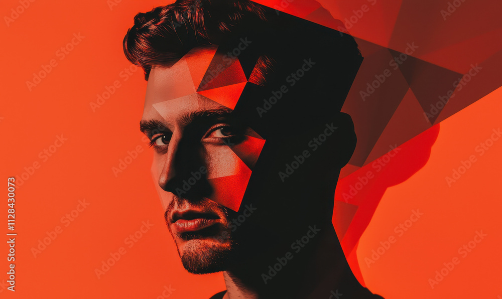 Aufkleber dynamic abstract portrait with geometric patterns in vibrant orange hue for modern artistic explorat