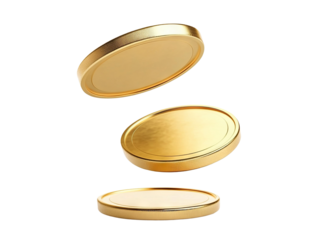 Floating gold coins in motion, isolated on transparent cutout background
