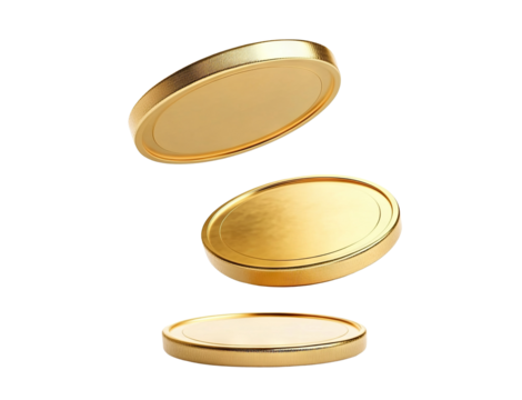 Floating gold coins in motion, isolated on transparent cutout background
