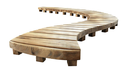 Long curved winding wooden pier, isolated on transparent cutout background