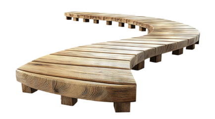 Long curved winding wooden pier, isolated on transparent cutout background