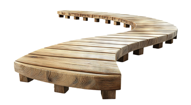 Long curved winding wooden pier, isolated on transparent cutout background