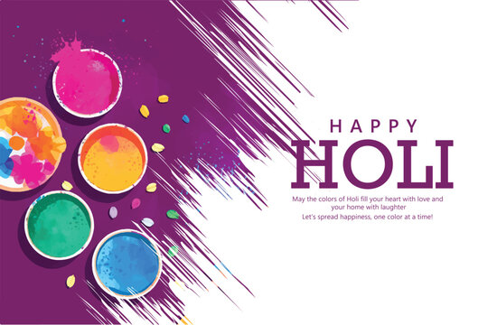 Holi celebration illustration featuring bowls of vibrant powder and a festive greeting message, symbolizing joy, happiness, and cultural festivity associated with this traditional festival.