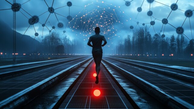 Lone Man Running on Futuristic Track, Illuminated Nodes, Digital Transformation, Technology Concept. - Powered by Adobe