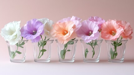 Obraz premium Pastel Petals: A Delicate Arrangement of Eustoma Flowers in Glass Vases