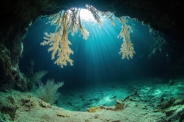Underwater cave with light rays and marine vegetation.