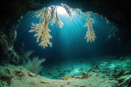 Underwater cave with light rays and marine vegetation.