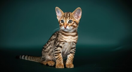 Obraz premium Charming bengal kitten with striking fur patterns sitting against dark green background