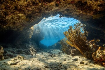 Underwater cave with light rays and sea vegetation.