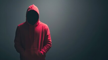 Mysterious Figure in a Red Hoodie Standing in Dim Light with Hidden Face Creating an Ambiguous Atmosphere of Intrigue and Suspense for Use in Creative Projects