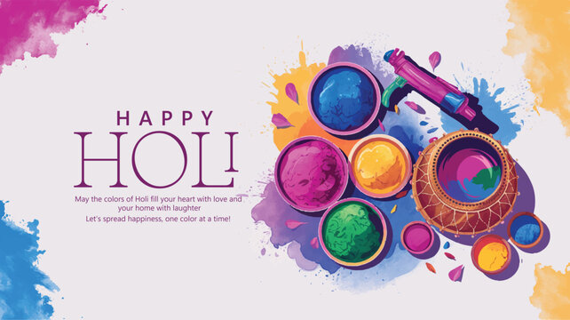 Holi celebration illustration featuring bowls of vibrant powder and a festive greeting message, symbolizing joy, happiness, and cultural festivity associated with this traditional festival.