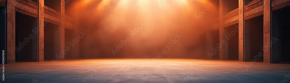 Poster a dimly lit stage illuminated by warm lights, creating an atmospheric setting ideal for performances