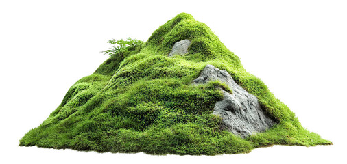 Lush green hill with stones and vegetation, isolated on transparent cutout background
