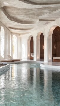 Cozy contemporary spa with serene water and elegant architecture, inviting relaxation and rejuvenation in a tranquil environment