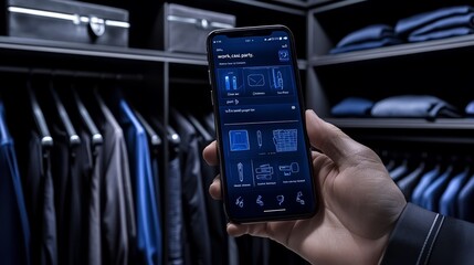 Effective digital decluttering with a smartphone app and an organized closet showcasing categorized clothing items