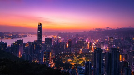 Fototapeta premium A stunning cityscape of Hong Kong at dusk, showcasing vibrant lights and a serene skyline.